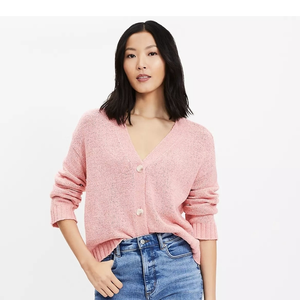 LOFT Pink Cloud V Neck Button Front Cardigan Sweater Large NWT
